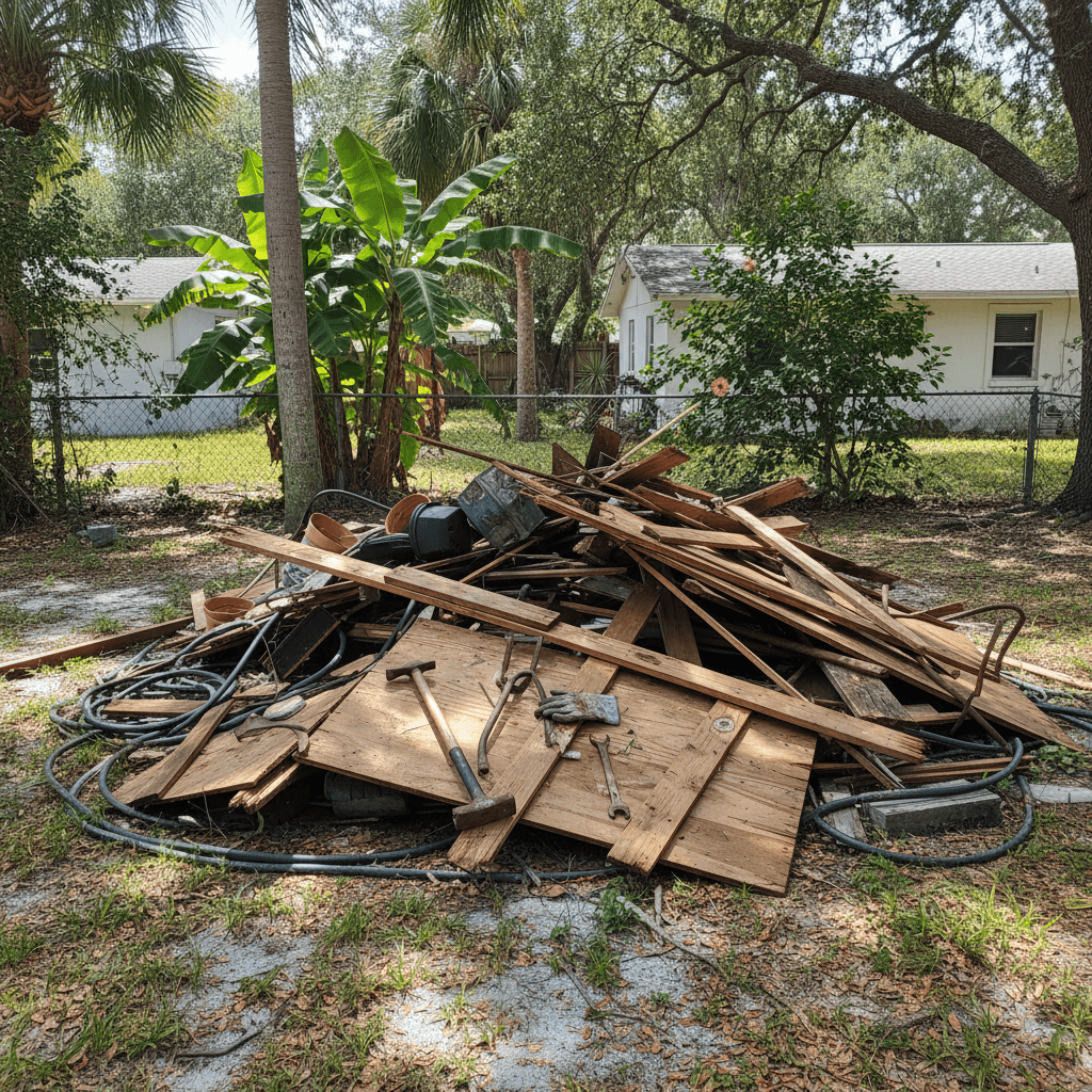 Shed demolition debris pile in a backyard