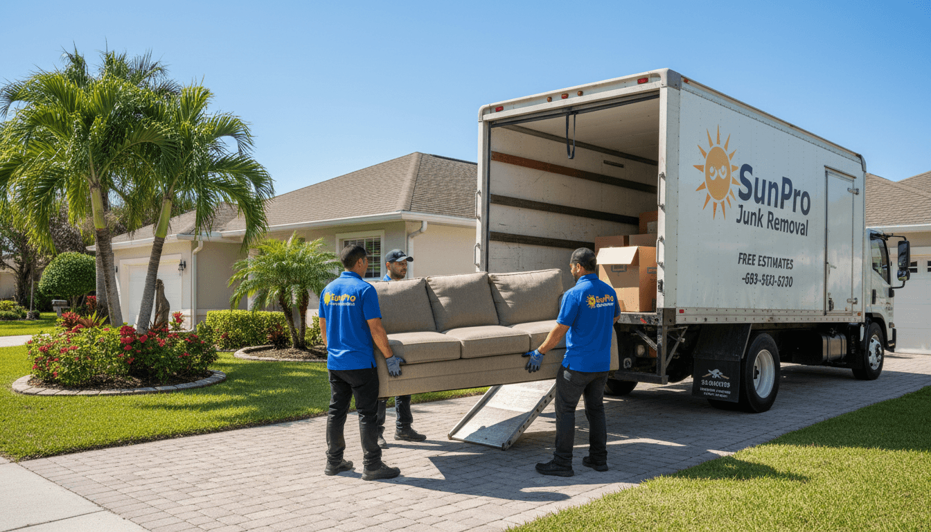 Professional junk removal team loading sofa and boxes into service truck on residential driveway