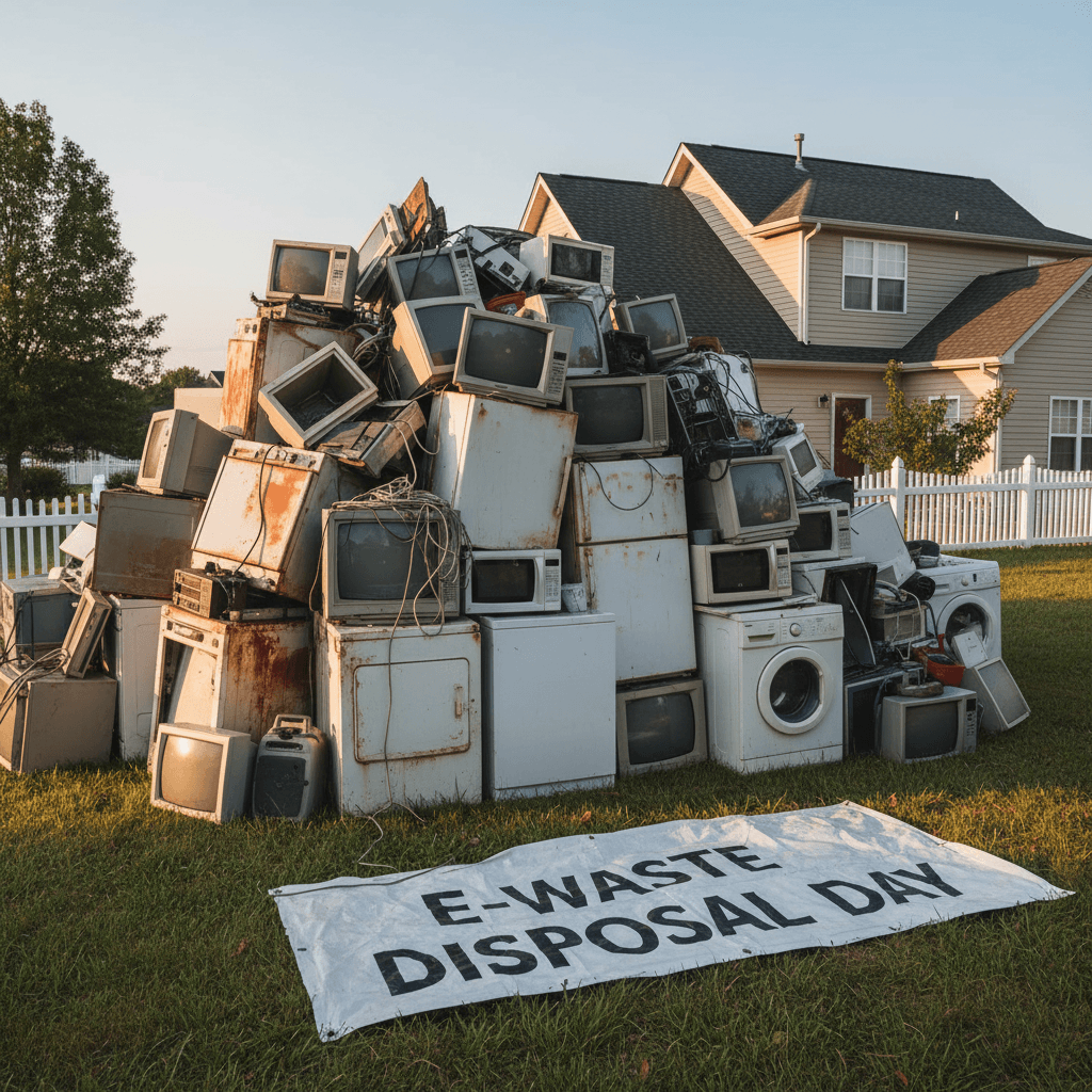 Stack of old household appliances and electronics on a grassy lawn for disposal