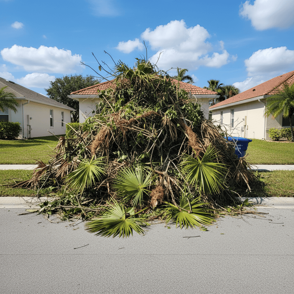 Stack of yard waste branches leaves and palm fronds on a curb ready for pickup