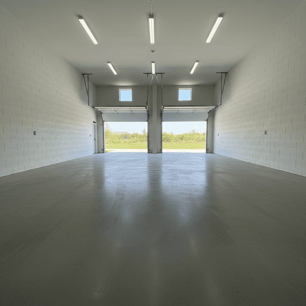 Empty garage after cleanout with swept concrete floor and open space
