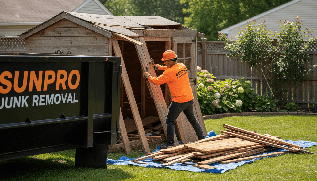Worker removing broken wooden shed and debris from a backyard near a garden fence